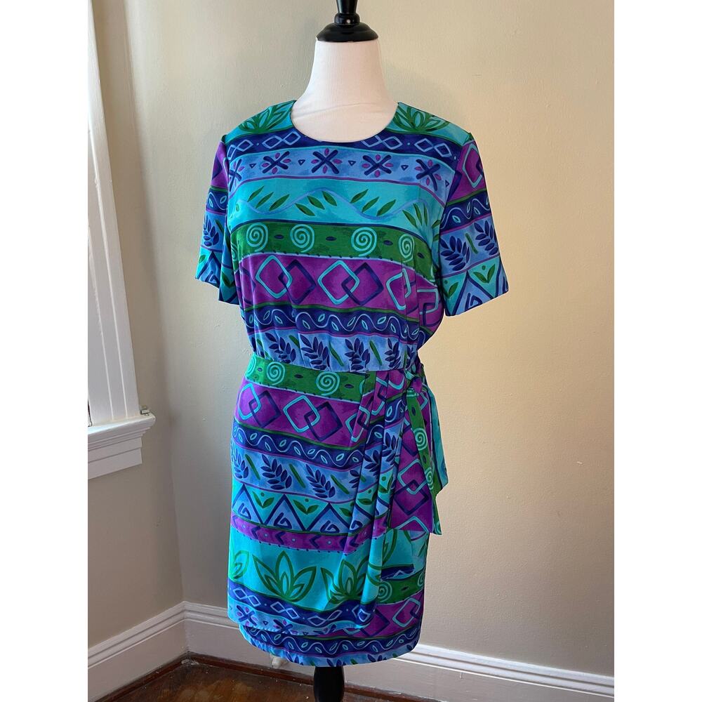 Funky 90s Vintage Faux Wrap Tropical Dress Prophecy by Sag Harbor Size 14 - Picture 2 of 7